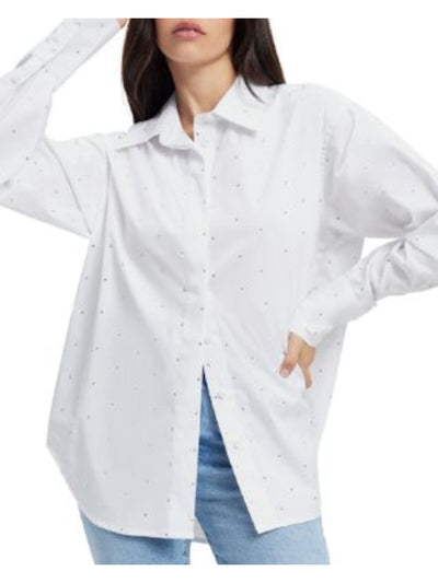 GOOD AMERICAN Womens White Rhinestone Curved Hems Cuffed Sleeve Point Collar Oversized Top 3\4