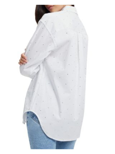GOOD AMERICAN Womens White Rhinestone Curved Hems Cuffed Sleeve Point Collar Oversized Top 00\0