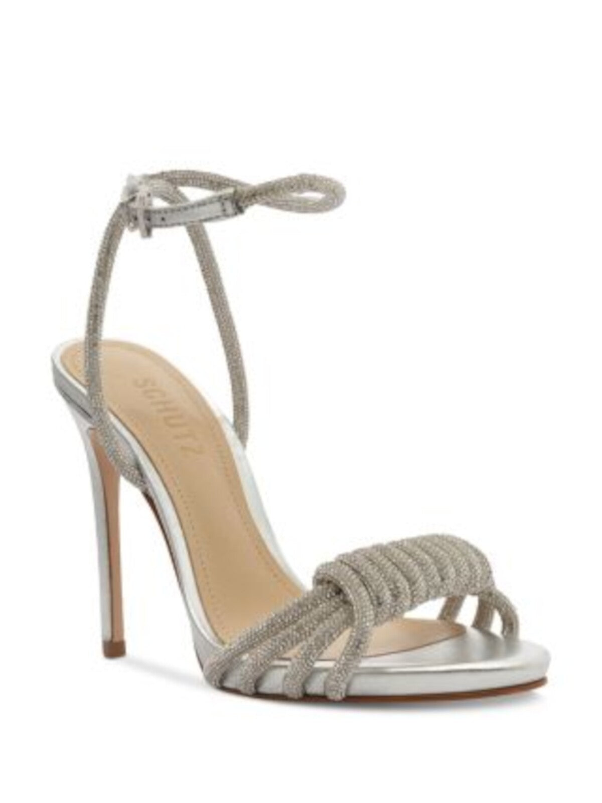 SCHUTZ Womens Silver Strappy Wrapped Ankle Strap Embellished Padded Jewell Open Toe Stiletto Buckle Dress Heeled Sandal 6.5 B