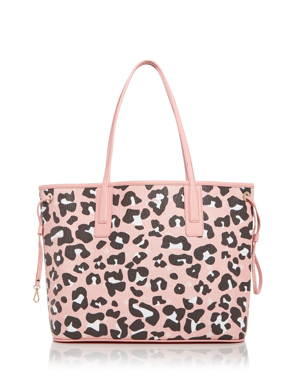 MCM Women's Pink Zipper Pouch Leopard Print Double Flat Strap Tote Handbag Purse