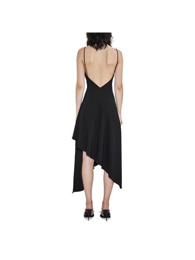 ET OCHS Womens Black Zippered Lined V-back Asymmetric Hem Spaghetti Strap Cowl Neck Midi Party Sheath Dress 6