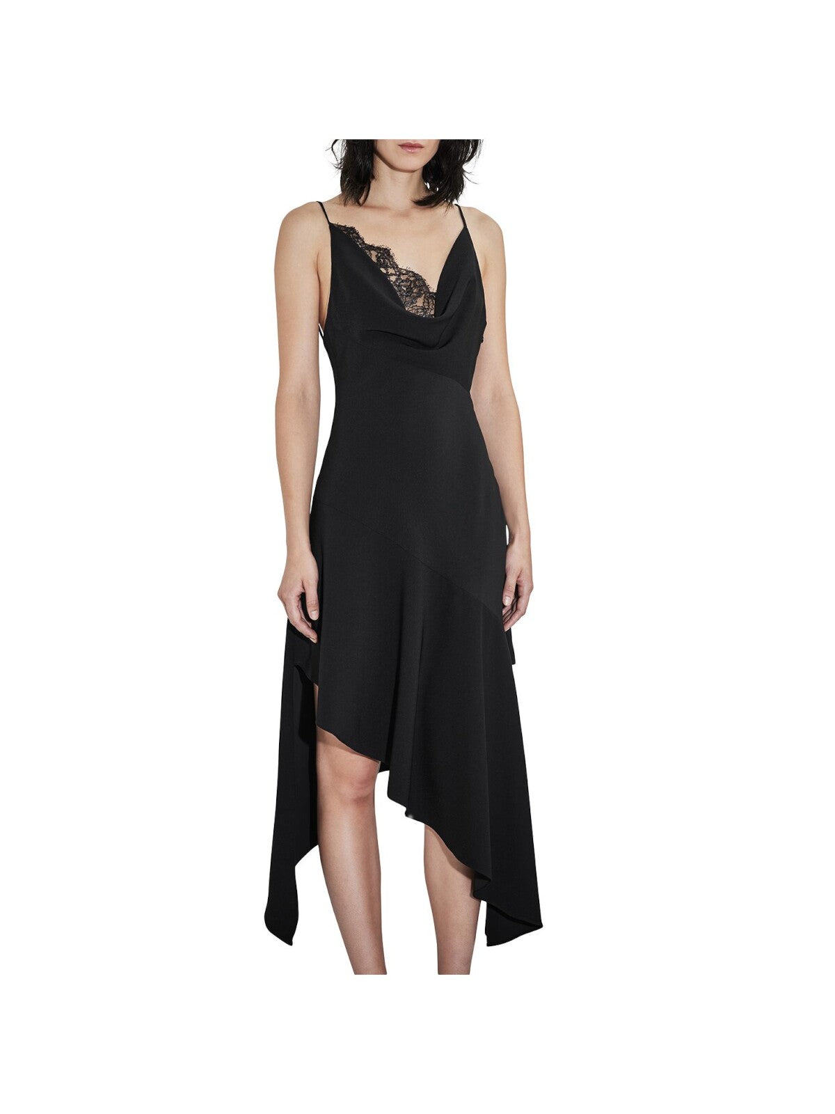 ET OCHS Womens Black Zippered Lined V-back Asymmetric Hem Spaghetti Strap Cowl Neck Midi Party Sheath Dress 6