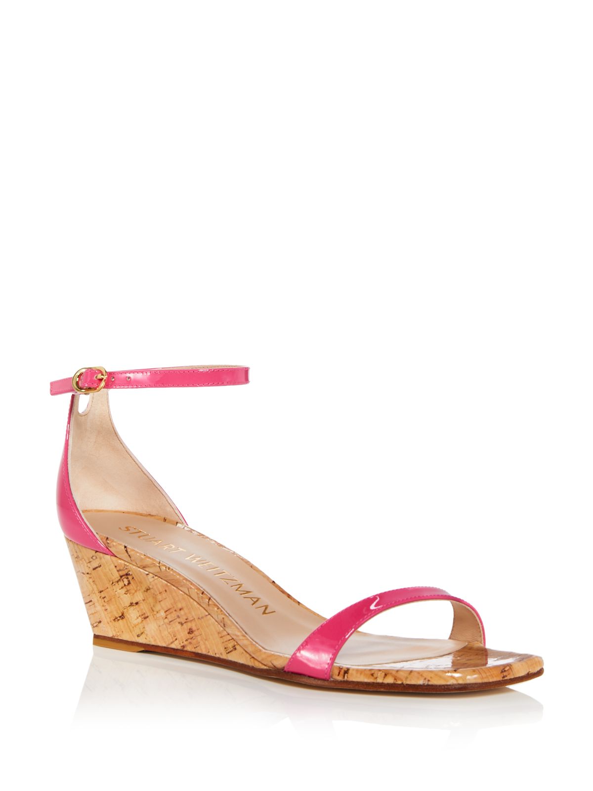 STUART WEITZMAN Womens Pink Cut Out Lacquered Cork Ankle Strap Padded Nudistcurve Square Toe Wedge Buckle Leather Heeled Sandal 9 B