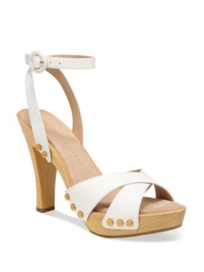 VERONICA BEARD Womens White 1 Platform Studded Padded Lamont Almond Toe Block Heel Buckle Leather Heeled Sandal 9.5 M