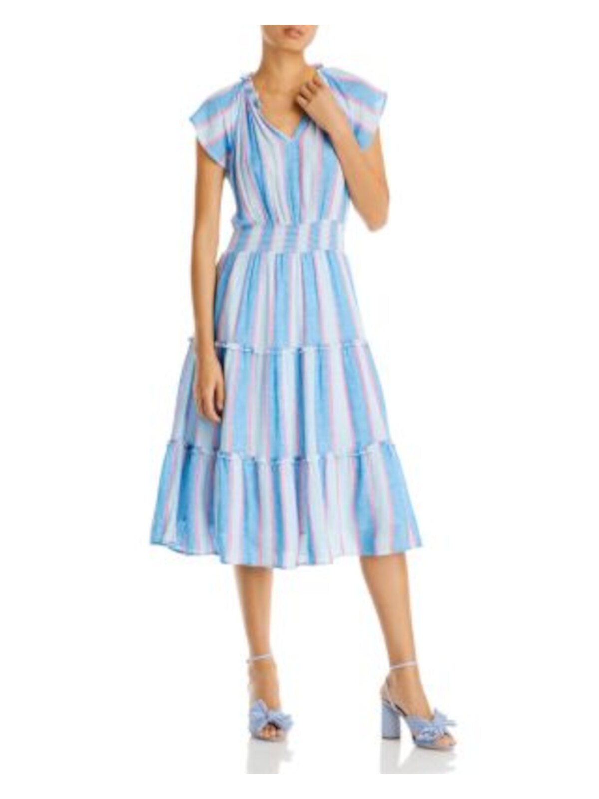 RAILS Womens Blue Ruffled Smocked Waist Tiered Striped Cap Sleeve V Neck Midi Fit + Flare Dress L