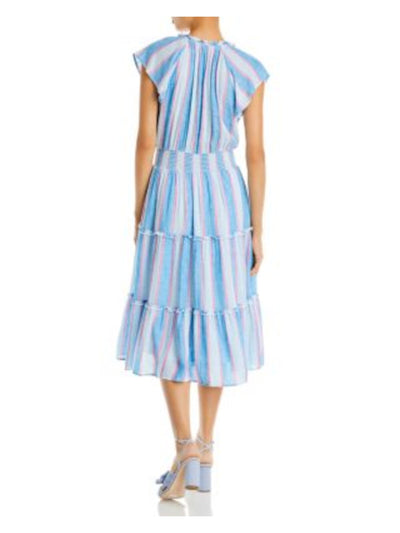 RAILS Womens Blue Ruffled Smocked Waist Tiered Striped Cap Sleeve V Neck Midi Fit + Flare Dress L