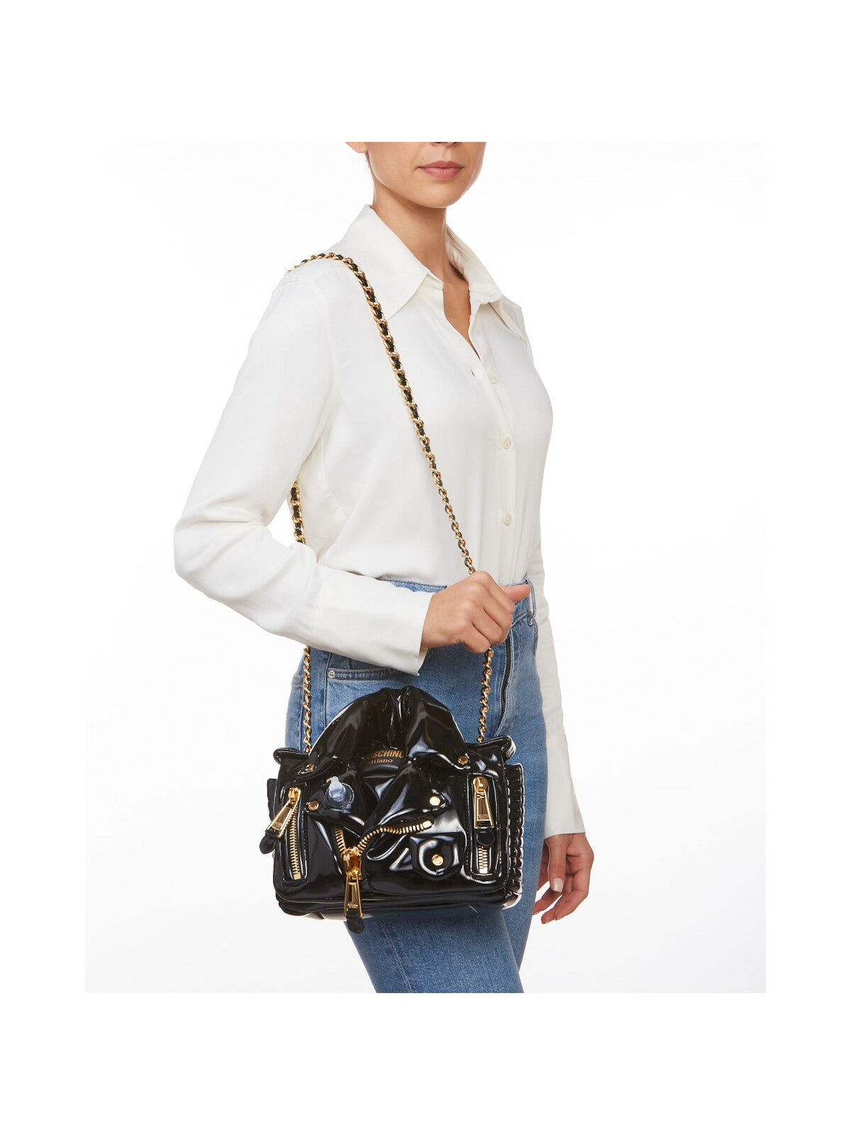 MOSCHINO Women's Black Solid Zippered Moto Jacket-Inspired Design Chain Strap Shoulder Bag