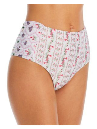 CAPITTANA Women's White Floral Lined Ruched Moderate Coverage Isa Peruvia High Waisted Swimwear Bottom M