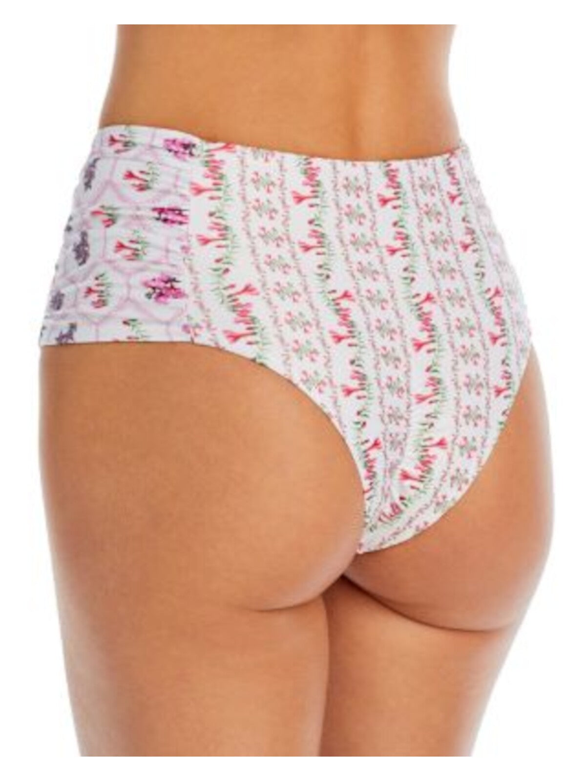 CAPITTANA Women's White Floral Lined Ruched Moderate Coverage Isa Peruvia High Waisted Swimwear Bottom M