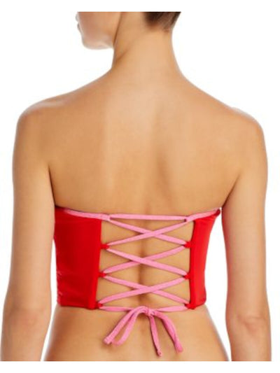 AQUA SWIM Women's Red Color Block Stretch Strapless Lace Up Tankini Swimsuit Top XL