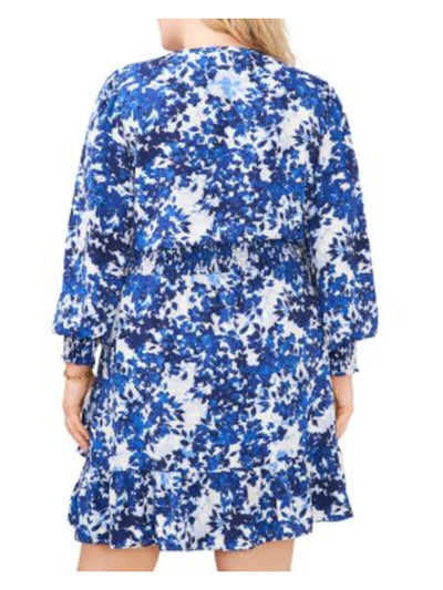 VINCE CAMUTO Womens Blue Ruffled Lined Smocked Waist Asymmetrical Tier Floral Long Sleeve Surplice Neckline Short Wear To Work Fit + Flare Dress Plus 1X