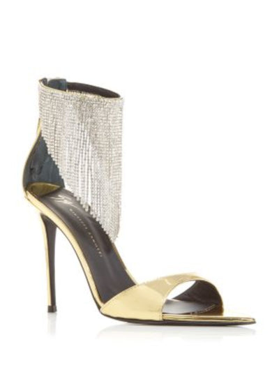 GIUSEPPE ZANOTTI Womens Gold Padded Embellished Accent Metallic Ankle Strap Waterfall Pointed Toe Stiletto Zip-Up Leather Dress Heeled Sandal 38