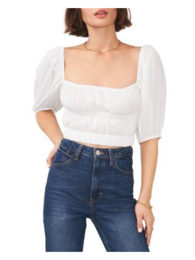 1. STATE Womens White Ruched Short Length Pullover Elbow Sleeve Square Neck Top M