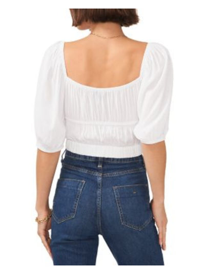 1. STATE Womens White Ruched Short Length Pullover Elbow Sleeve Square Neck Top M