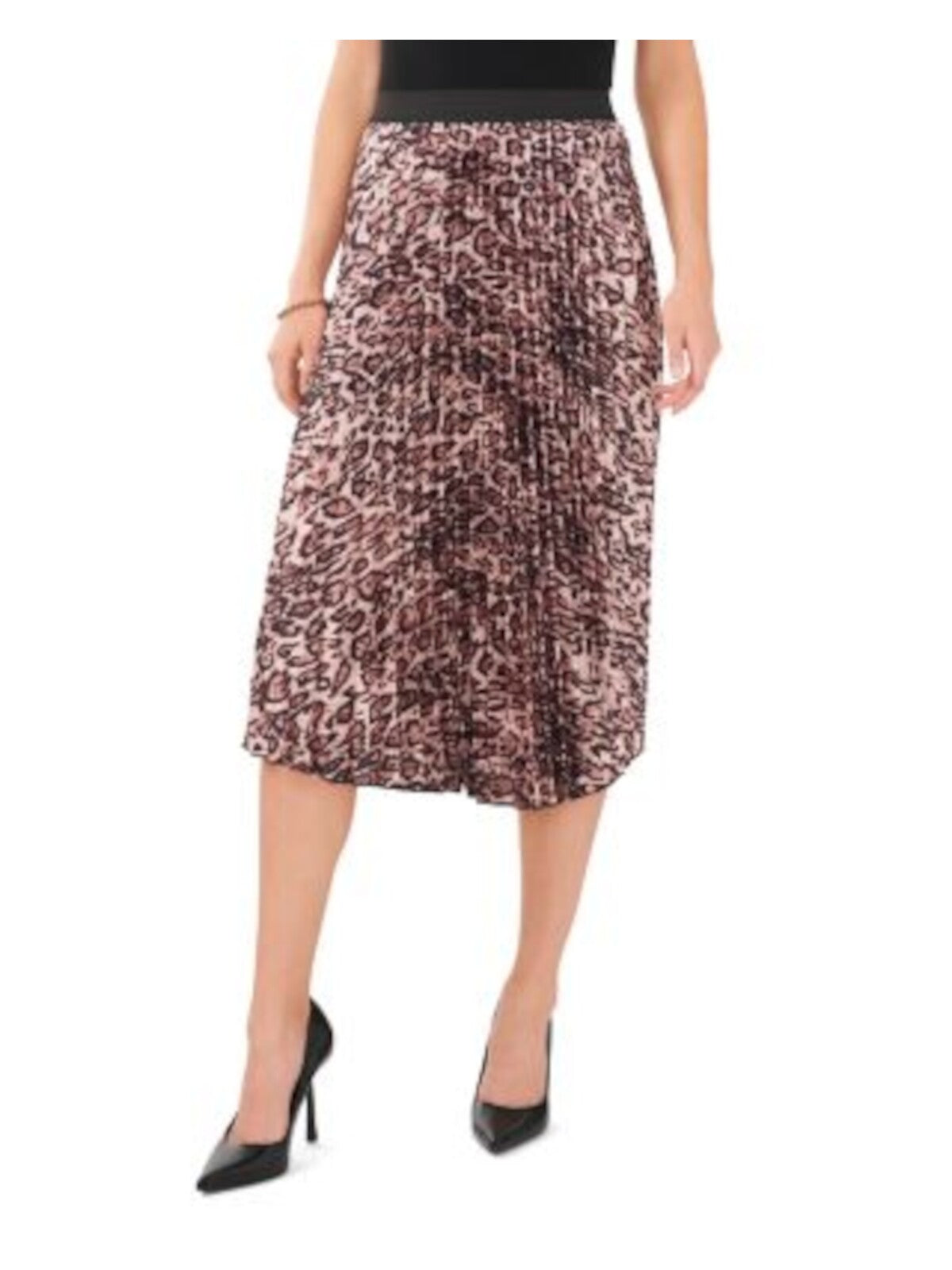 VINCE CAMUTO Womens Black Pleated Elastic Waist Animal Print Below The Knee Wear To Work Accordion Pleat Skirt XXS