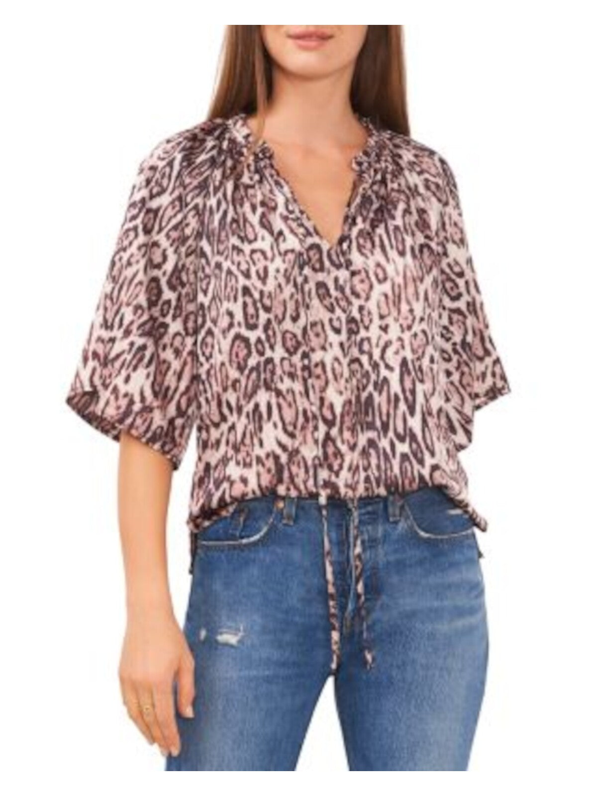 VINCE CAMUTO Womens Pink Tie Pullover Animal Print Elbow Sleeve Split Top XXS