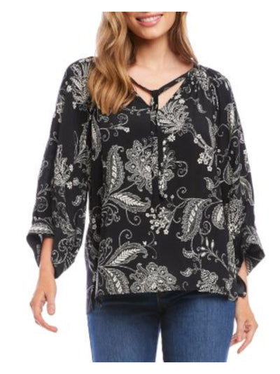 KAREN KANE Womens Black Tie Pullover Floral Blouson Sleeve V Neck Wear To Work Top XS