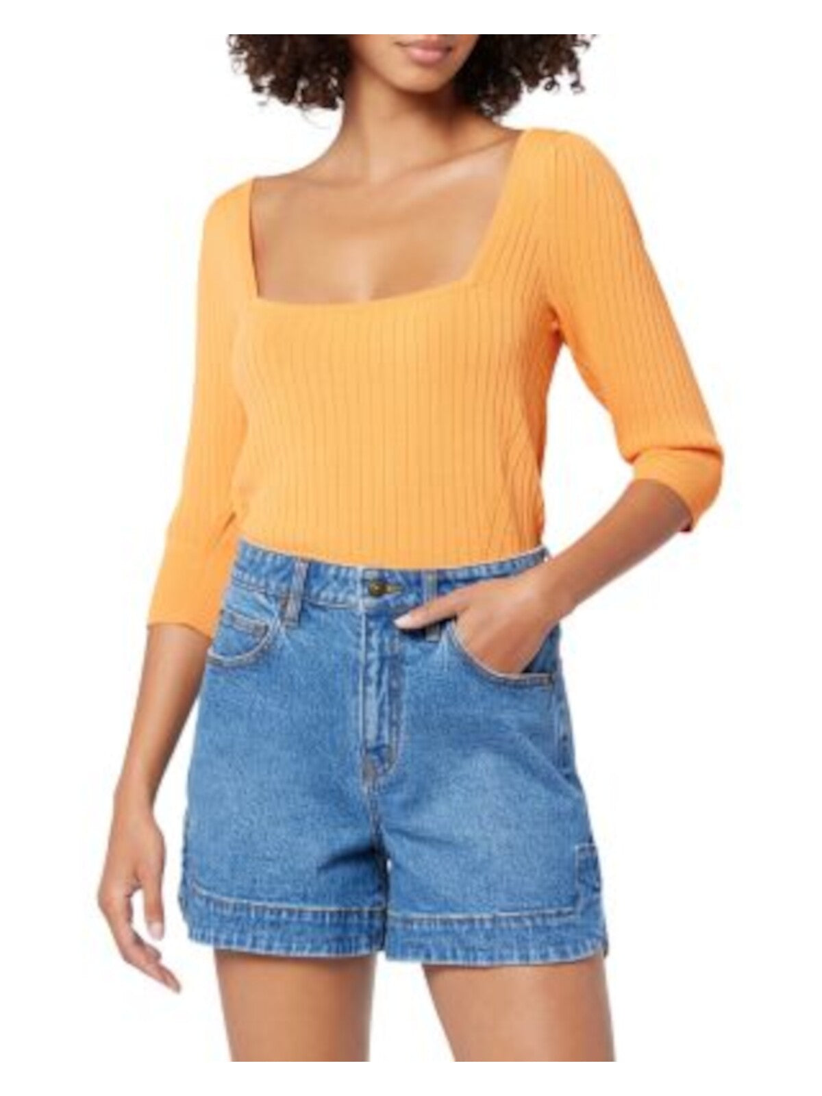 JOIE Womens Orange Ribbed 3/4 Sleeve Square Neck Top M