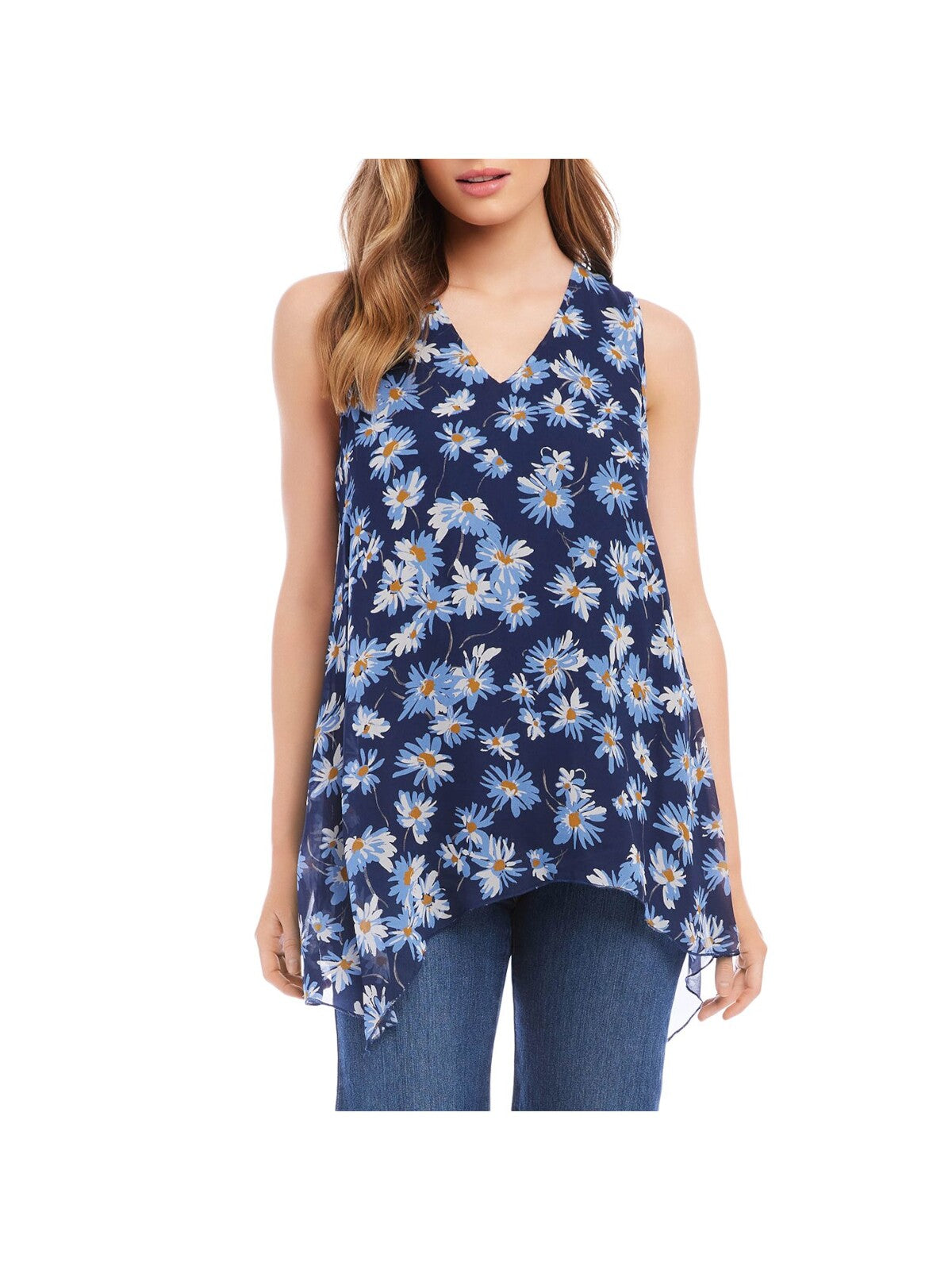 KAREN KANE Womens Navy Lined Drapey Handkerchief Hem Floral Sleeveless V Neck Tank Top M