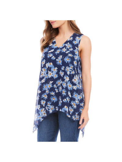 KAREN KANE Womens Navy Lined Drapey Handkerchief Hem Floral Sleeveless V Neck Tank Top XS