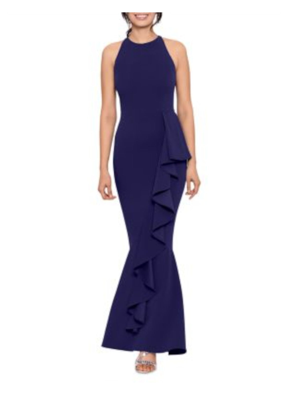 AQUA FORMAL Womens Navy Zippered Lined Cascading Ruffle Overlay Sleeveless Round Neck Full-Length Formal Mermaid Dress 0