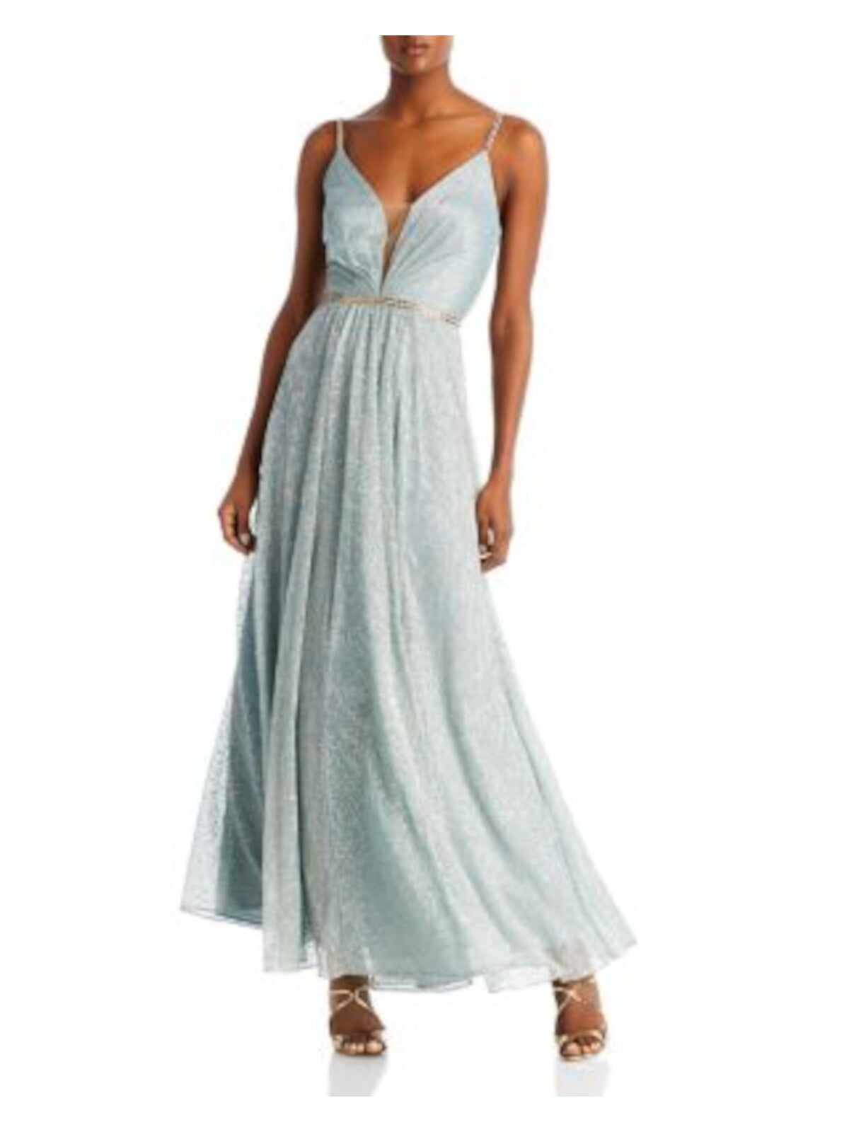 AQUA FORMAL Womens Light Blue Embellished Zippered Pleated Shirred Flare Skirt Sleeveless V Neck Full-Length Formal Gown Dress 2