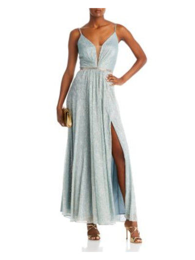 AQUA FORMAL Womens Light Blue Embellished Zippered Pleated Shirred Flare Skirt Sleeveless V Neck Full-Length Formal Gown Dress 2