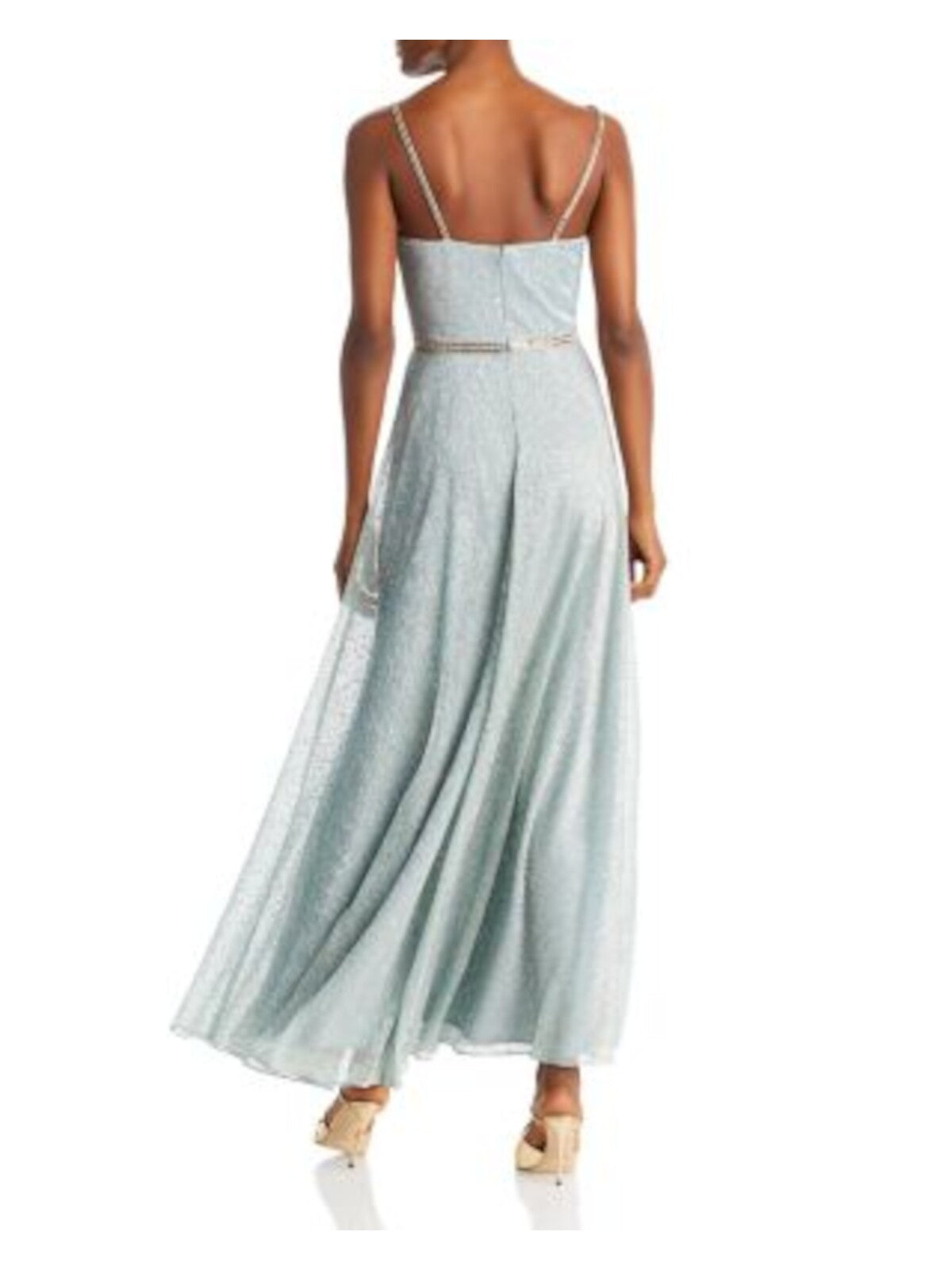 AQUA FORMAL Womens Light Blue Embellished Zippered Pleated Shirred Flare Skirt Sleeveless V Neck Full-Length Formal Gown Dress 2