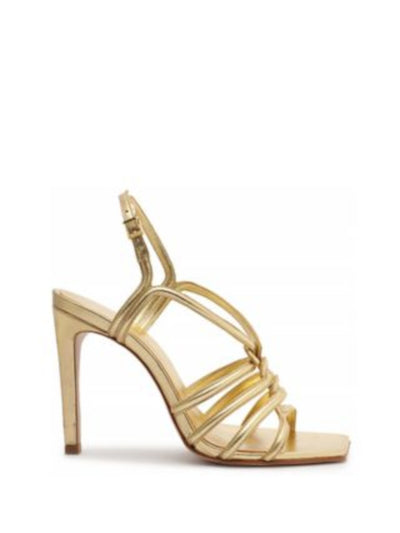 SCHUTZ Womens Gold Knotted Strappy Woven Octavia Open Toe Stiletto Buckle Leather Dress Slingback Sandal 7.5 B