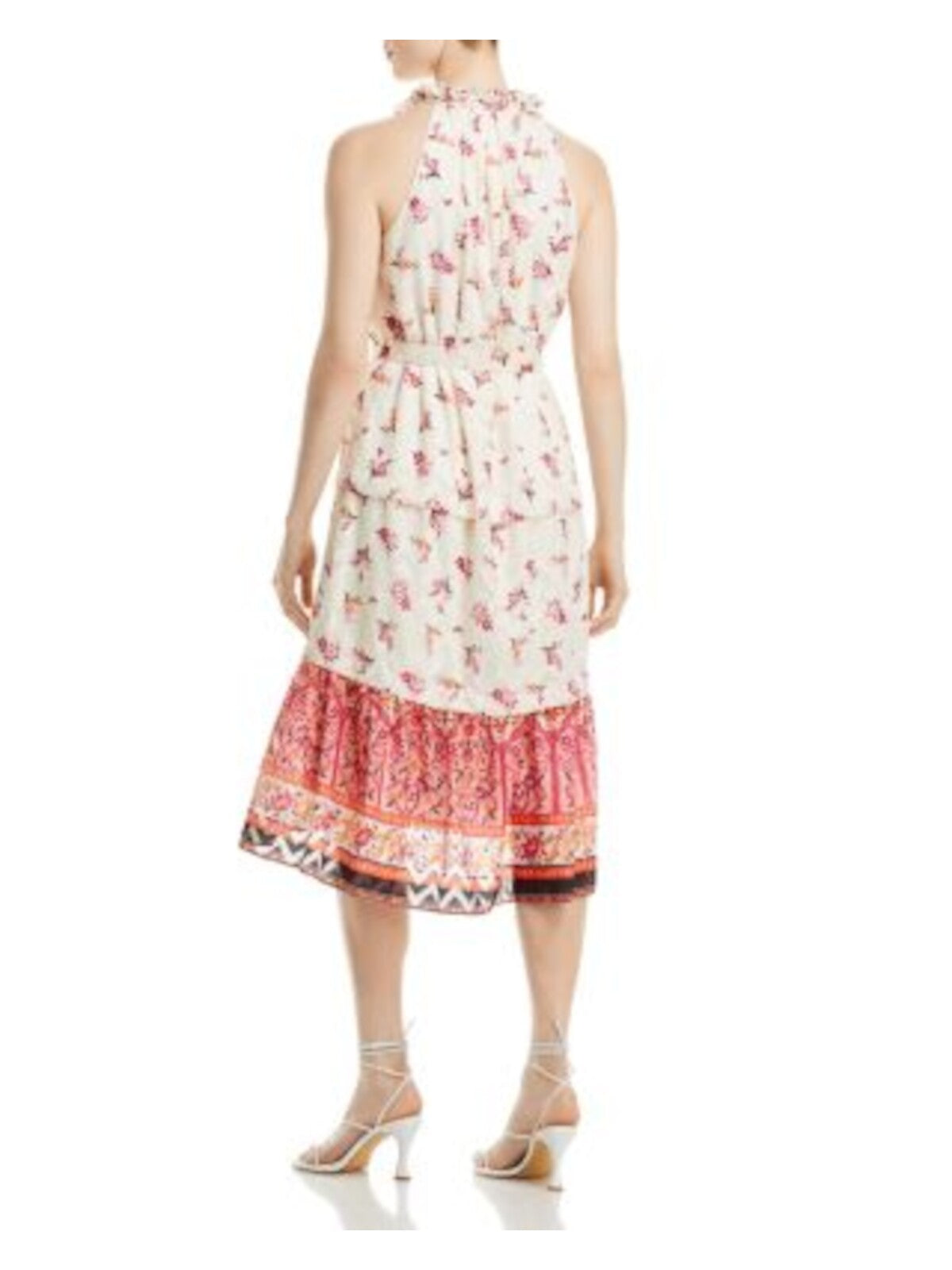 KOBI HALPERIN Womens Ivory Ruffled Lined Tie Belt Tiered Skirt Floral Sleeveless V Neck Below The Knee Shift Dress S