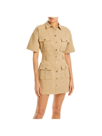 AQUA Womens Beige Pocketed Button Front Utility Short Sleeve Point Collar Mini Shirt Dress M