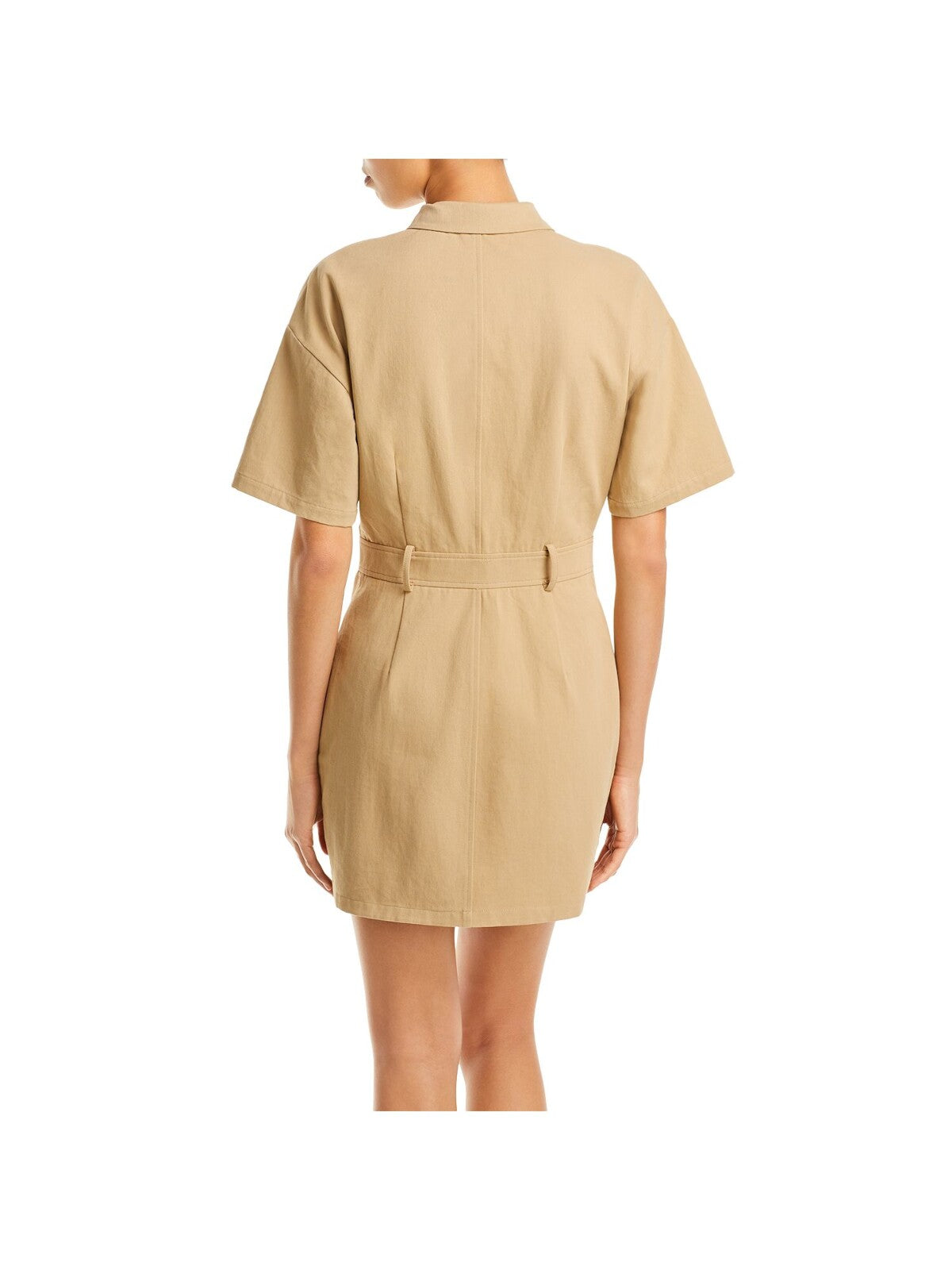 AQUA Womens Beige Pocketed Button Front Utility Short Sleeve Point Collar Mini Shirt Dress M