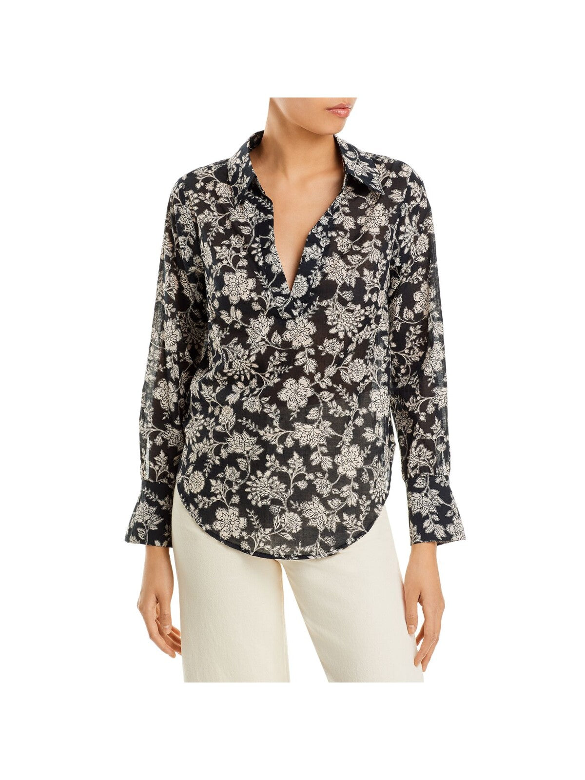 AQUA Womens Black Floral Long Sleeve Collared Blouse S