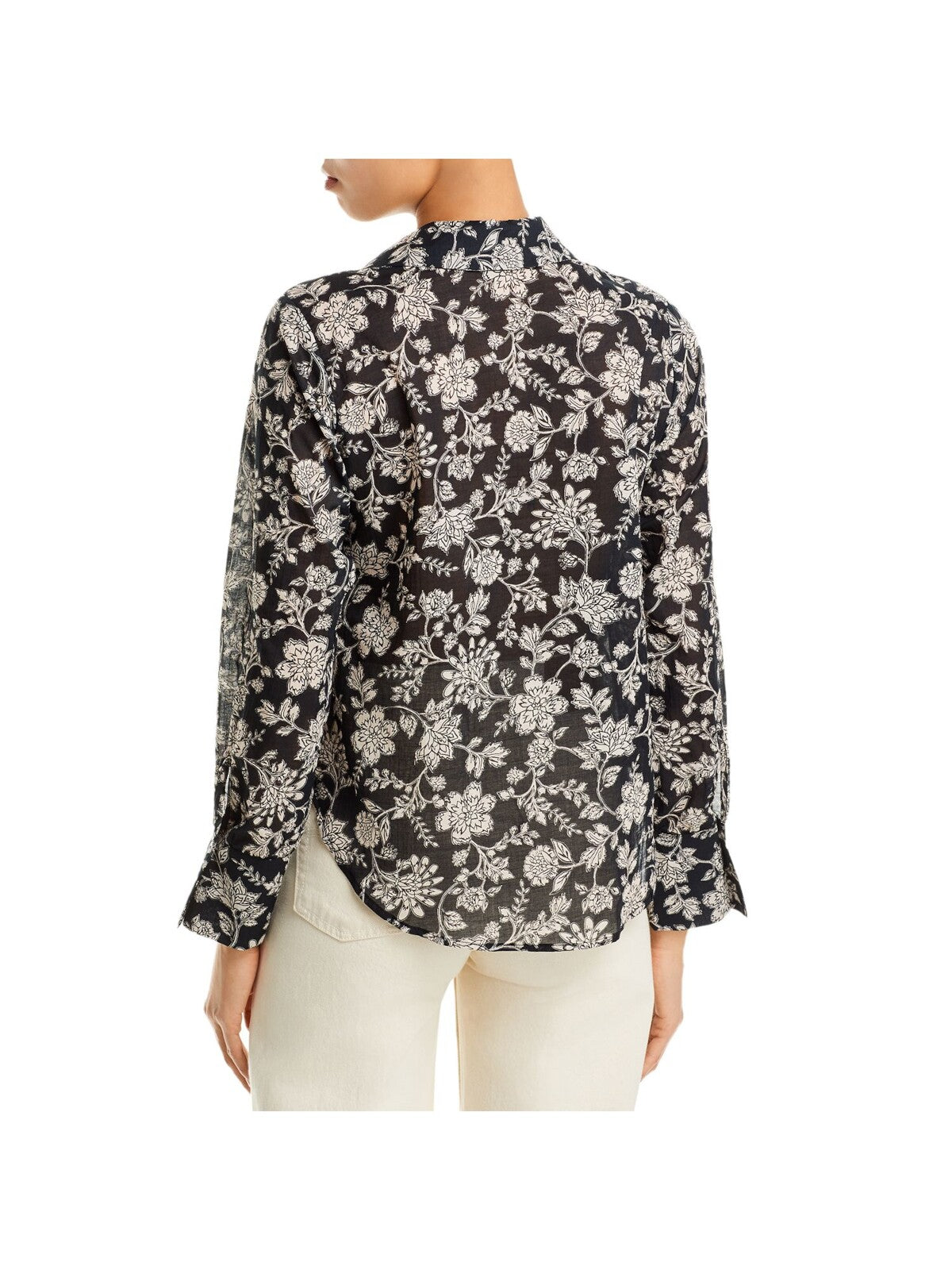 AQUA Womens Black Floral Long Sleeve Collared Blouse S