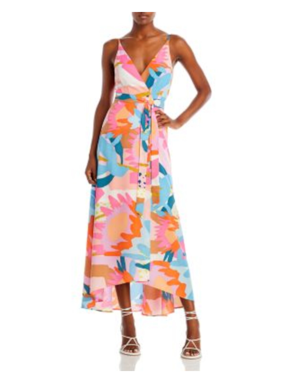 AQUA Womens Blue Lined Hi-lo Hem Floral Sleeveless Surplice Neckline Maxi Party Wrap Dress XS