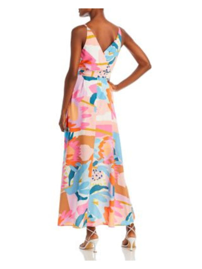 AQUA Womens Blue Lined Hi-lo Hem Floral Sleeveless Surplice Neckline Maxi Party Wrap Dress XS