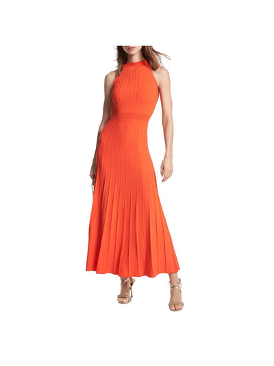 MICHAEL MICHAEL KORS Womens Orange Ribbed Zippered Unlined Pleated Sleeveless Halter Maxi Fit + Flare Dress S