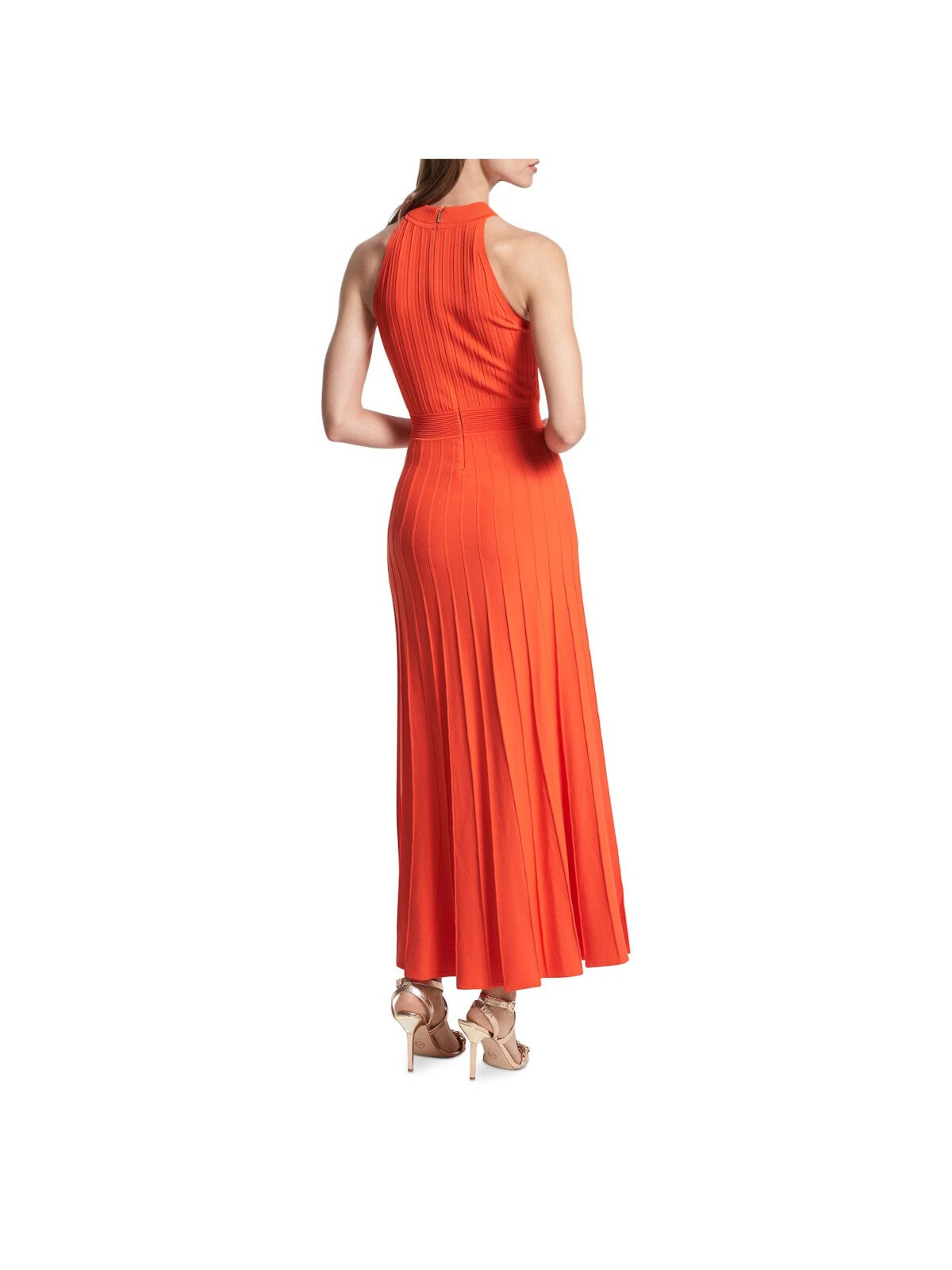 MICHAEL MICHAEL KORS Womens Orange Ribbed Zippered Unlined Pleated Sleeveless Halter Maxi Fit + Flare Dress S