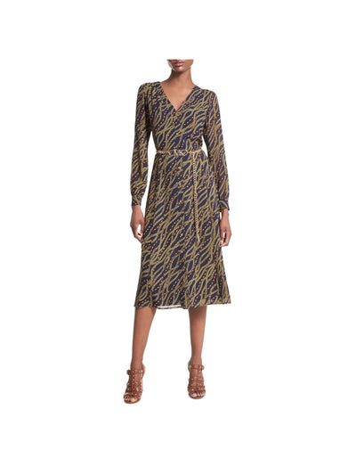 MICHAEL MICHAEL KORS Womens Navy Lined Pleated Chain Belt Sheer Printed Cuffed Sleeve V Neck Midi Cocktail Shirt Dress S