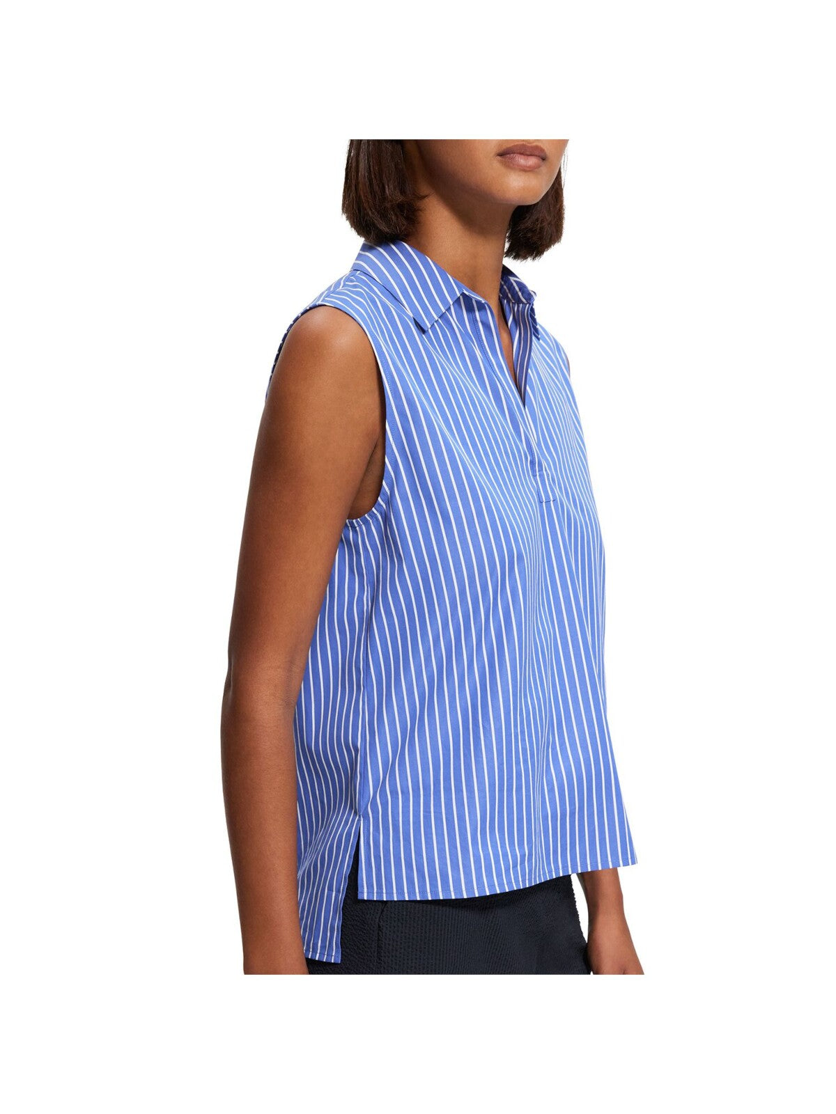 THEORY Womens Blue Striped Sleeveless Collared Top S