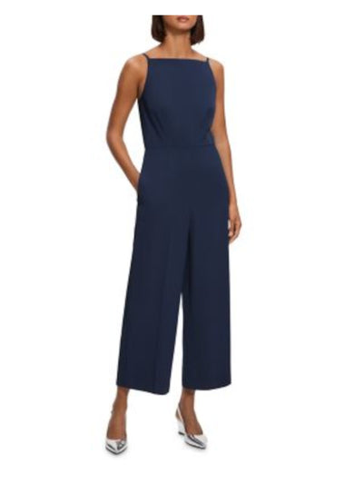 THEORY Womens Navy Zippered Pocketed Spaghetti Strap Square Neck Cropped Jumpsuit 4