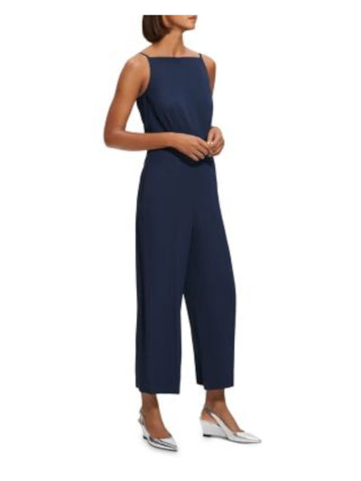 THEORY Womens Navy Zippered Pocketed Spaghetti Strap Square Neck Cropped Jumpsuit 4