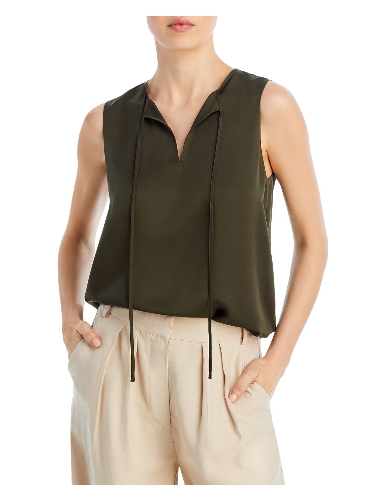 THEORY Womens Green Tie Sleeveless V Neck Wear To Work Tank Top S