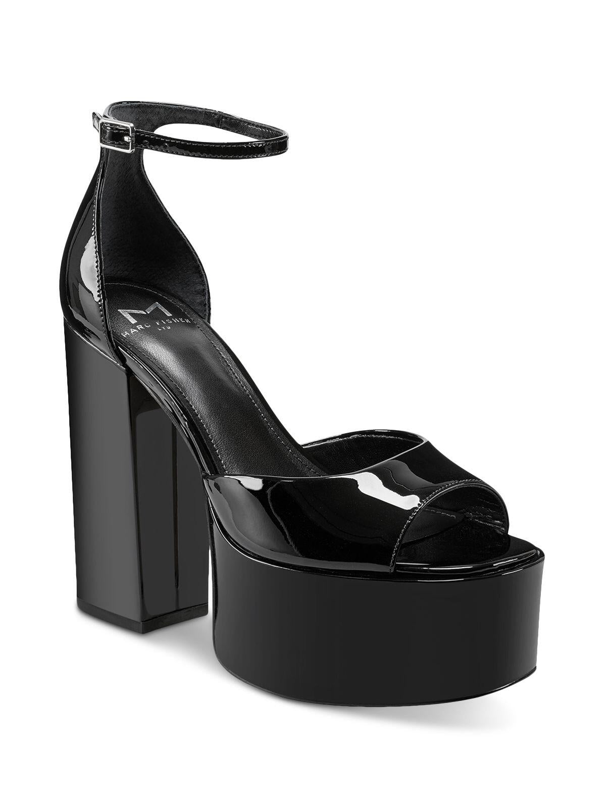 MARC FISHER LTD Womens Black 2" Platform Ankle Strap Cushioned Midella Square Toe Block Heel Buckle Leather Dress Heeled Sandal 9.5 M