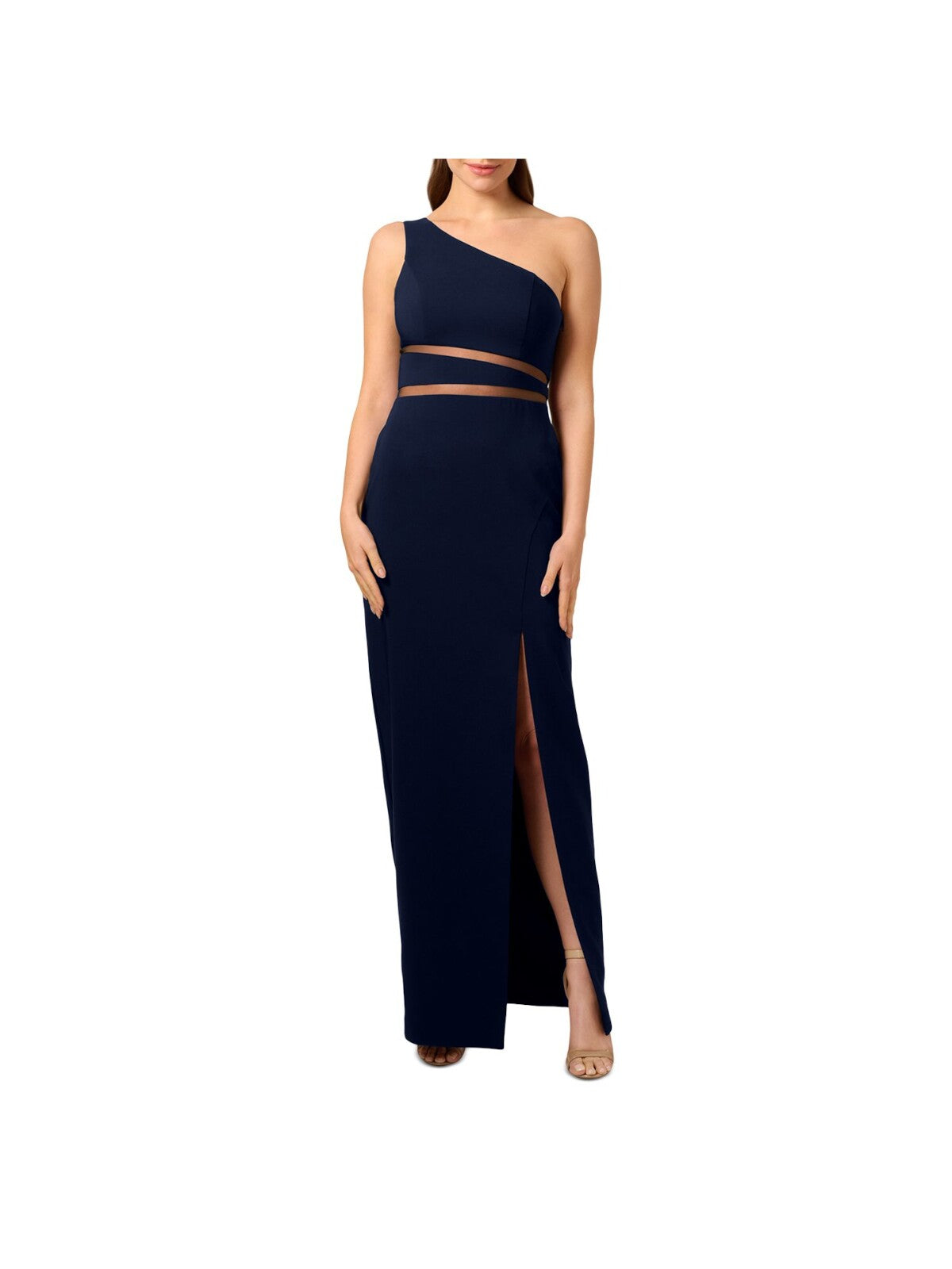 LIV FOSTER Womens Navy Zippered Slitted Mesh Inset Waist Lined Sleeveless Asymmetrical Neckline Full-Length Evening Gown Dress 12