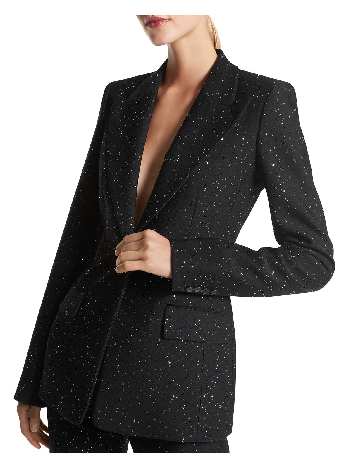 MICHAEL KORS COLLECTION Womens Black Sequined Pocketed Single Breasted Lined Wear To Work Blazer Jacket 14