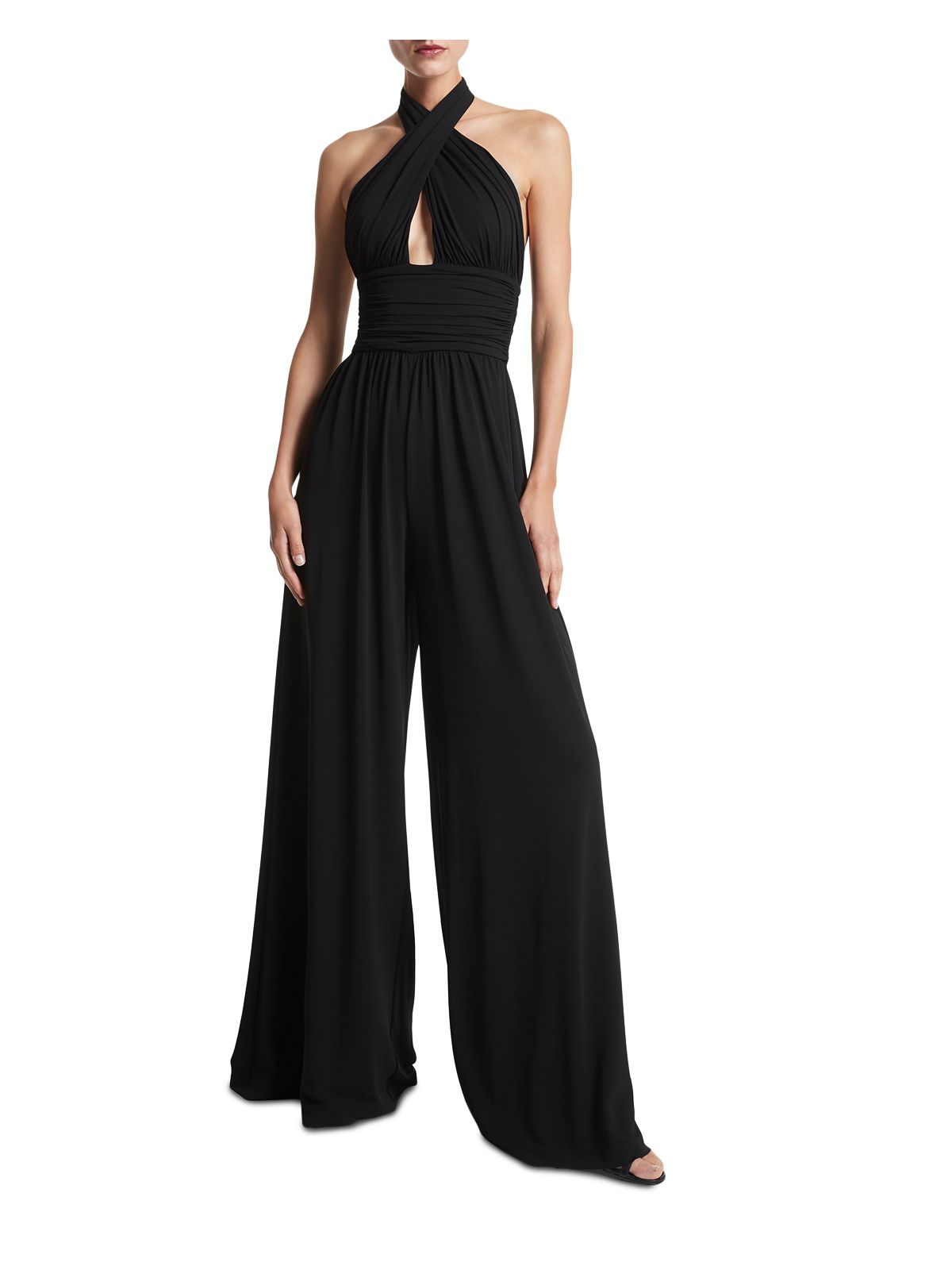 MICHAEL KORS COLLECTION Womens Black Stretch Ruched Zippered Crossover Keyhole Gathered Sleeveless Halter Party Wide Leg Jumpsuit 6