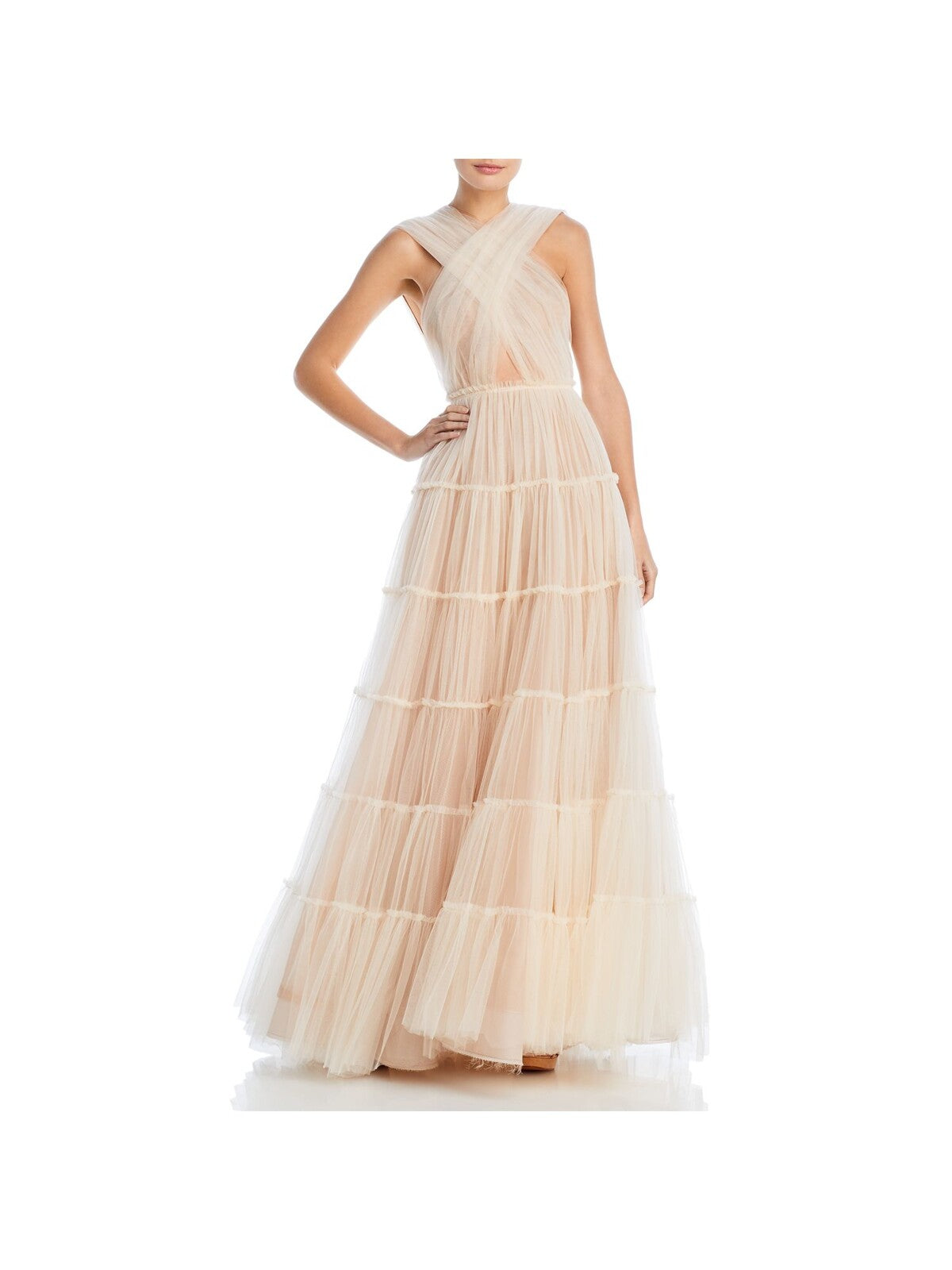 JASON WU Womens Beige Pleated Zippered Crossover Cutout Tiered Skirt Sleeveless V Neck Full-Length Evening Gown Dress 6