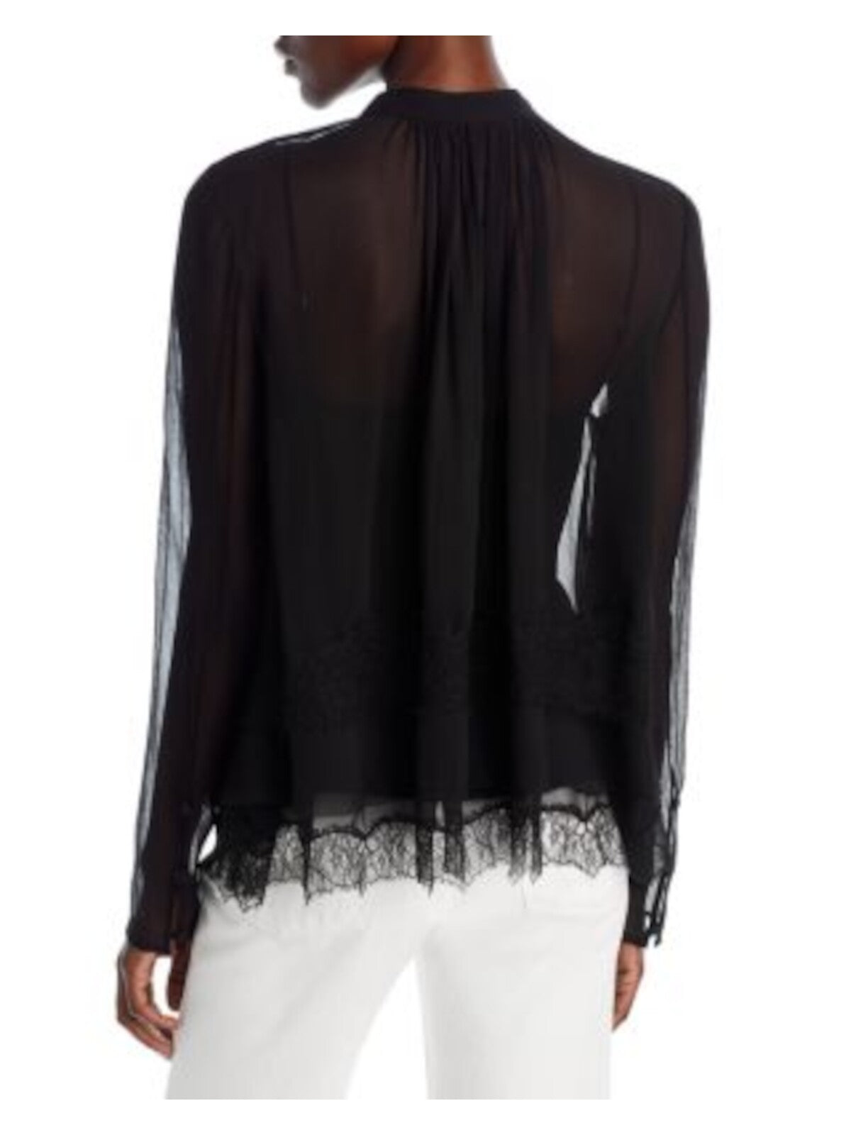 JASON WU Womens Black Gathered Lined Scalloped Lace Inset And Hem Long Sleeve V Neck Cocktail Top 10