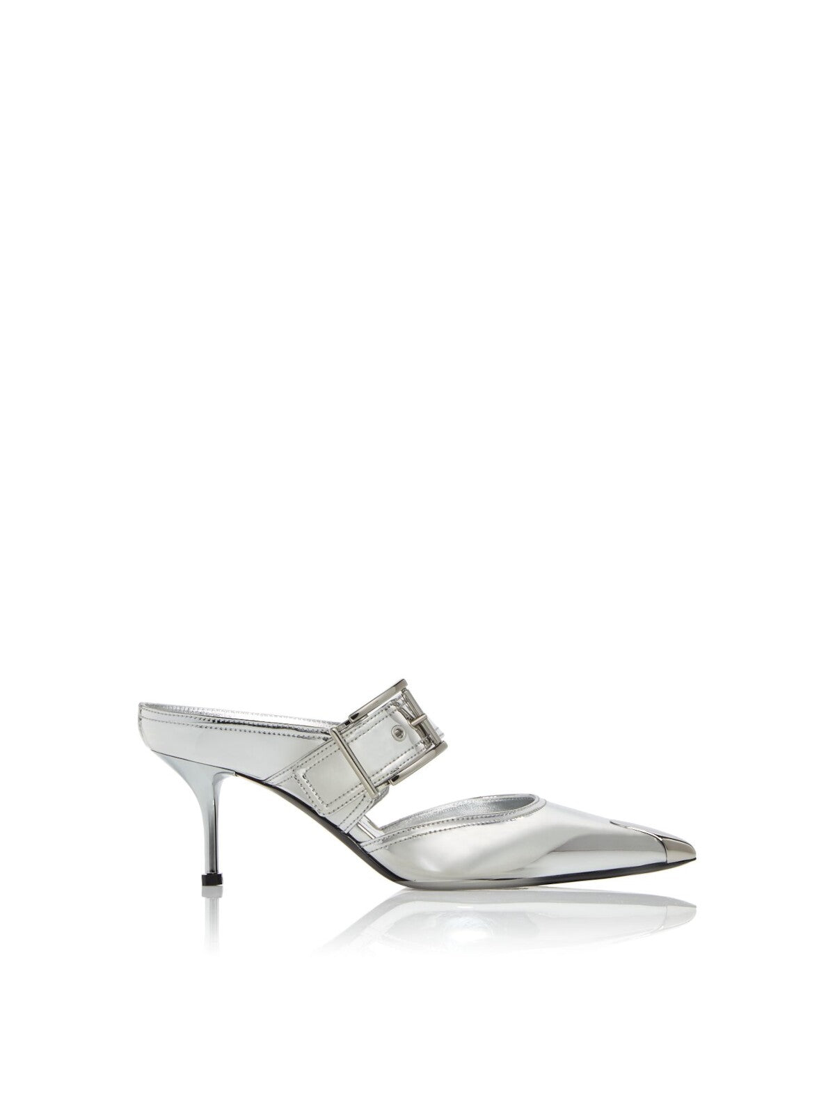 ALEXANDER MCQUEEN Womens Silver Padded Hardware Toe Cover Metallic Adjustable Pointed Toe Stiletto Slip On Leather Dress Heeled Mules Shoes 39.5